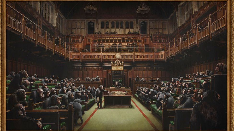 2 banksy painting devolved parliament chimpanzees